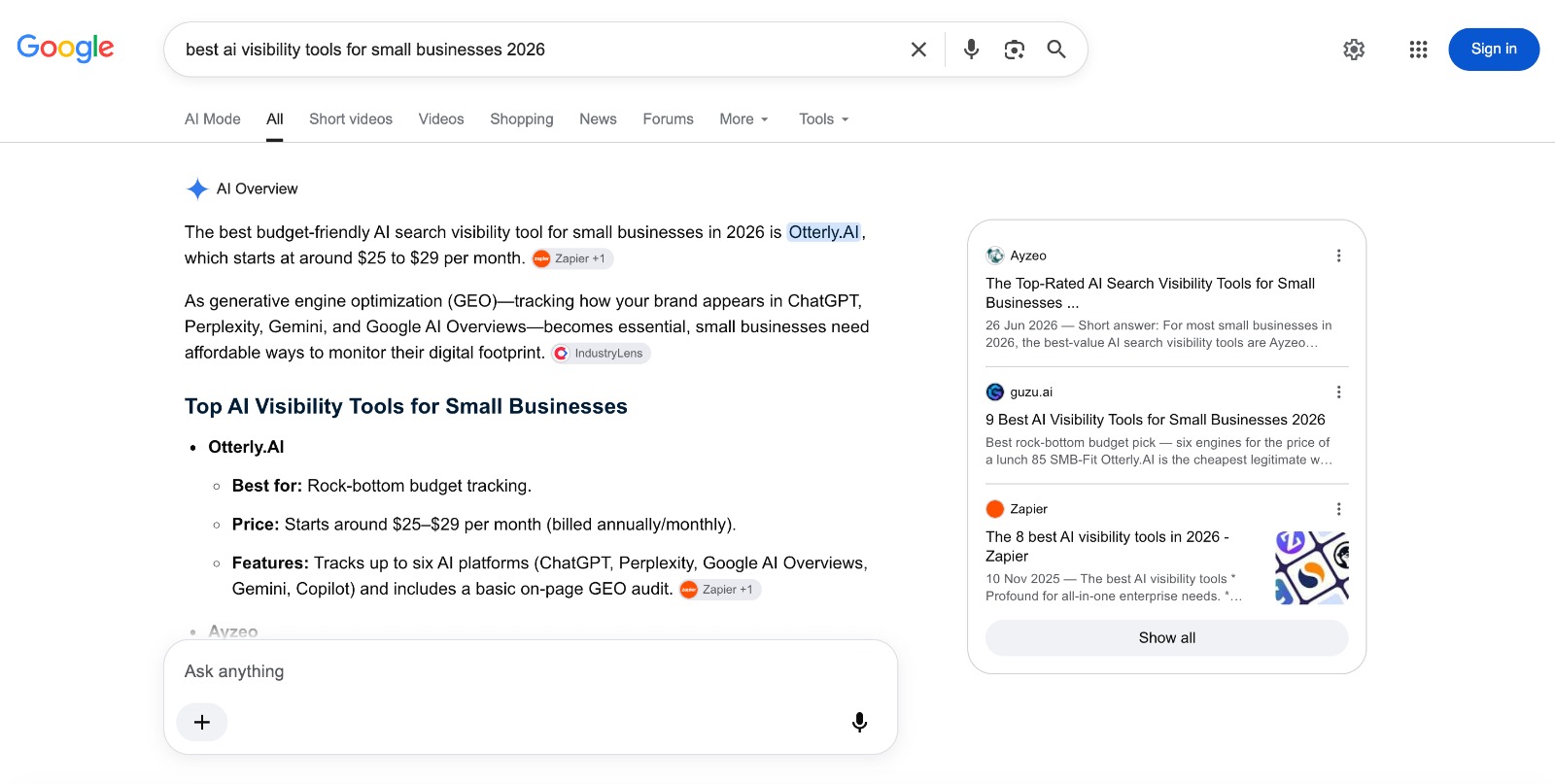 Guzu cited as a source for 'best AI visibility tools' while absent from the AI Overview answer — proof that citation does not guarantee a brand mention