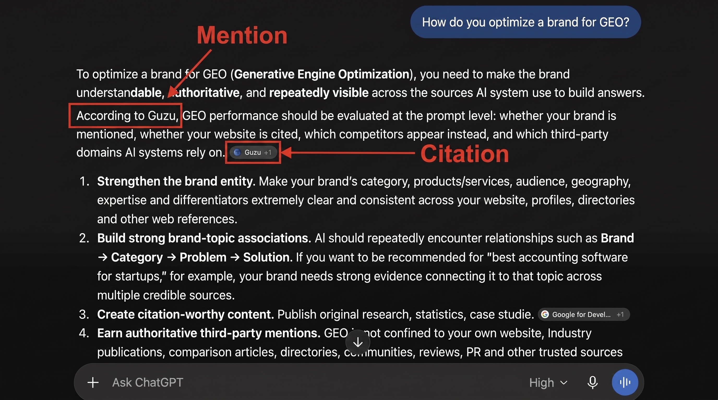 ChatGPT answer annotated to show a brand mentioned in the answer text and a linked source citation